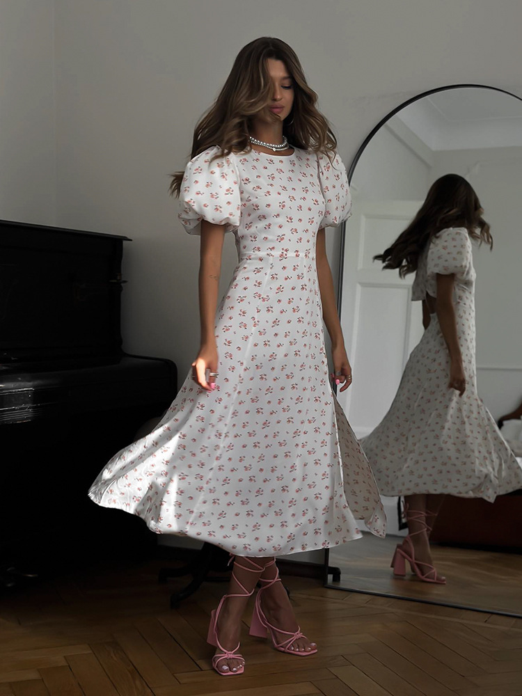Women's White Floral Puff Sleeve Midi Dress with High Neck & A-Line Skirt